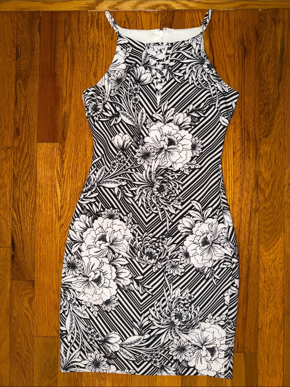 Guess Black and White Floral Halter Mini Dress